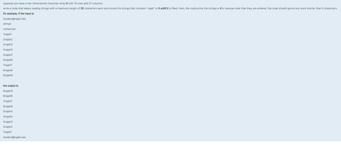  suppose you have a two-dimensional character array x with 10 rows