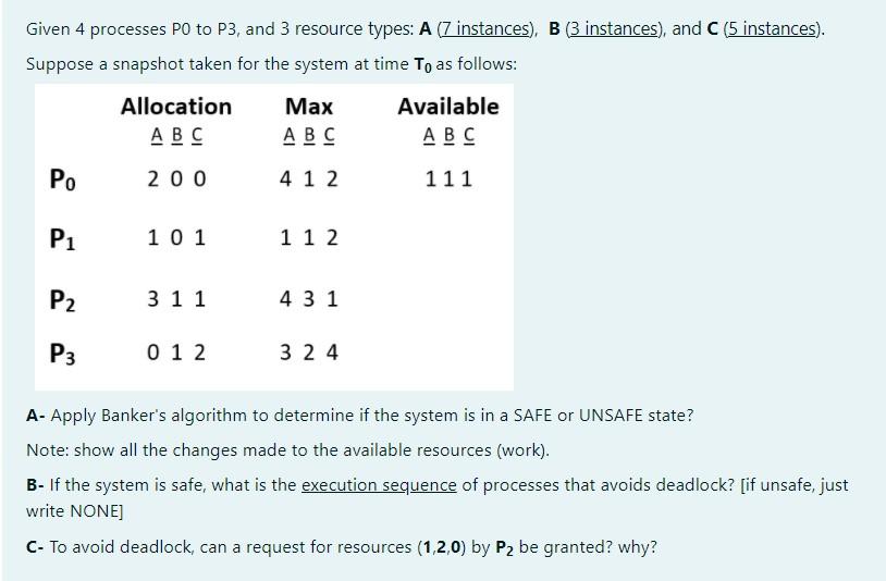 Given 4 processes PO to P3, and 3 resource types: A