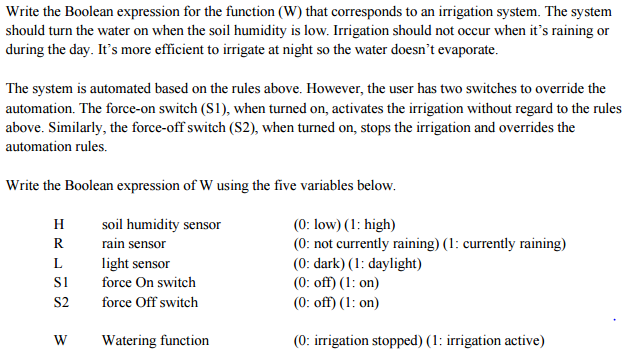  Write the Boolean expression for the function (W) that corresponds to