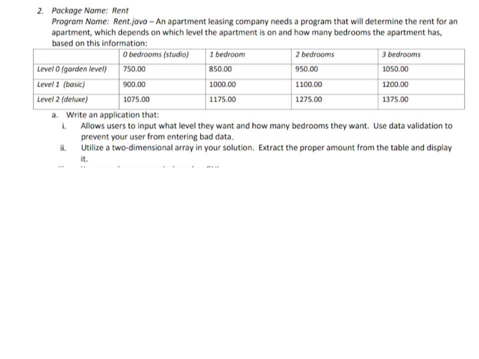 2. Package Name: Rent Program Name: Rent.java-An apartment leasing company needs