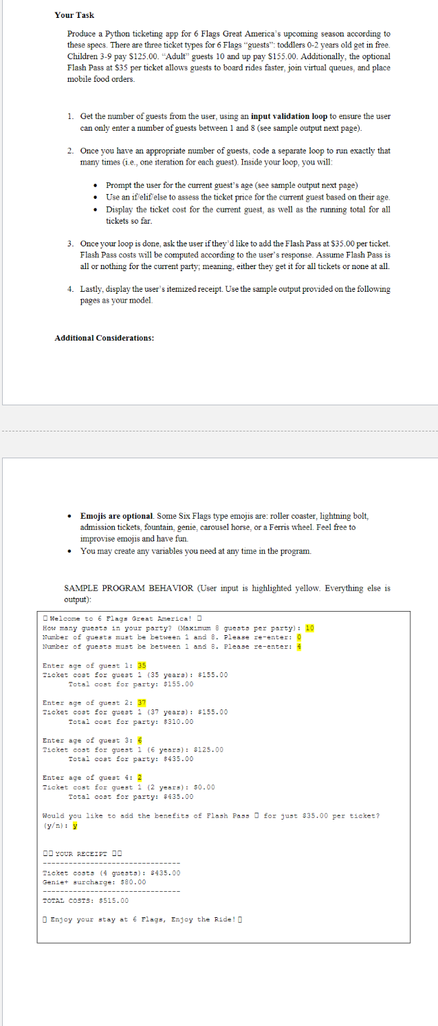  Produce a Python ticketing app for 6 Flags Great America's upcoming