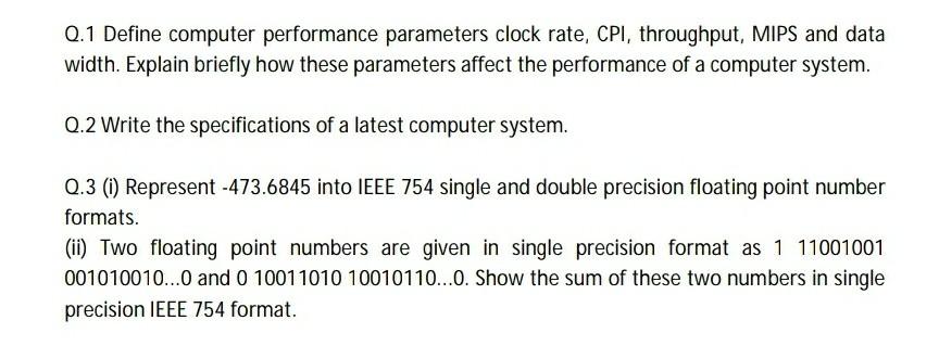  0.1 Define computer performance parameters clock rate, CPI, throughput, MIPS and