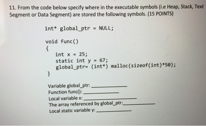  From the code below specify where in the executable symbols (i