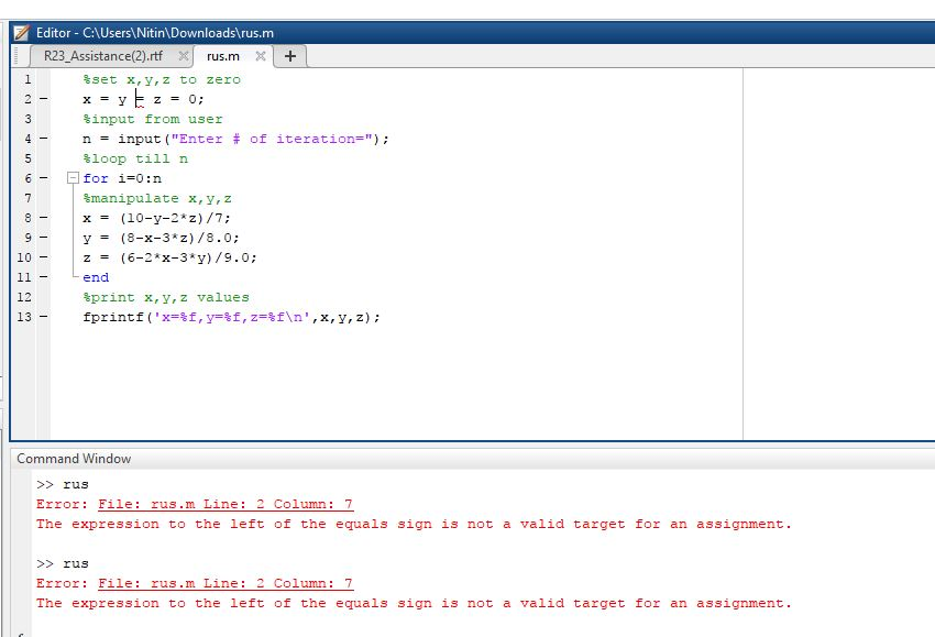Please help me debug the erros from MATLAB code %set x,y,z to