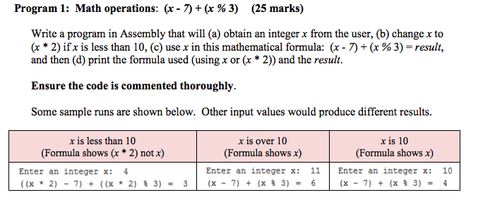  Program 1: Math operations: (x-7) + (x % 3) (25 marks)