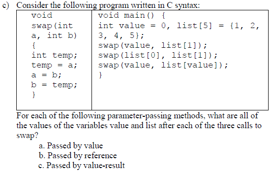  c) Consider the following program written in C syntax: void void