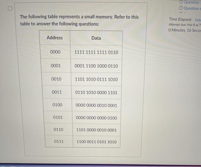  Question Question The following table represents a small memory. Refer to
