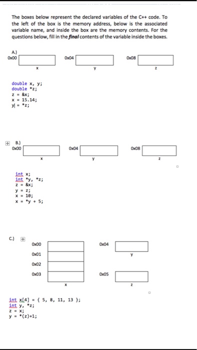  The boxes below represent the declared variables of the C++ code.