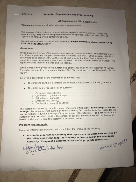  CPS 2231 Computer Organization and Programming upplies Inc Concepts: Classes and