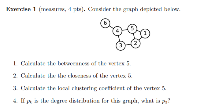 Exercise 1 (measures, 4 pts). Consider the graph depicted below. 4