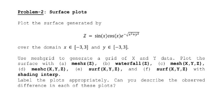  MATLAB Surface plots Plot the surface generated by Z = sin(x)cos(x)e^--