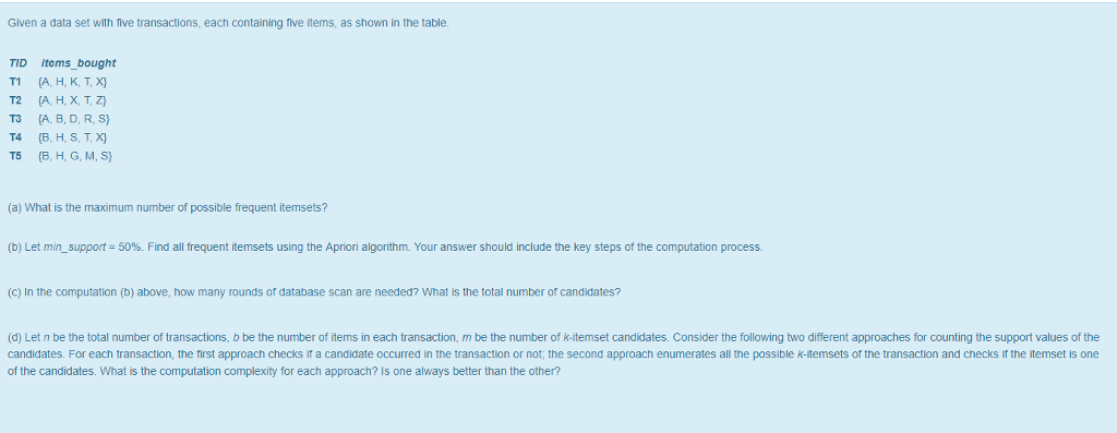  Given a data set with Tive transactions, each containing tive items,