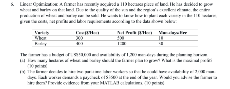 Utilize Matlab to 6. Linear Optimization: A farmer has recently acquired a