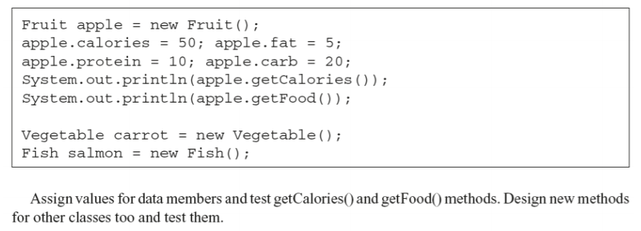Hierarchy: Food Vegetarian food Nonvegetarian food Fruit Vegetable Fish Chicken Data members