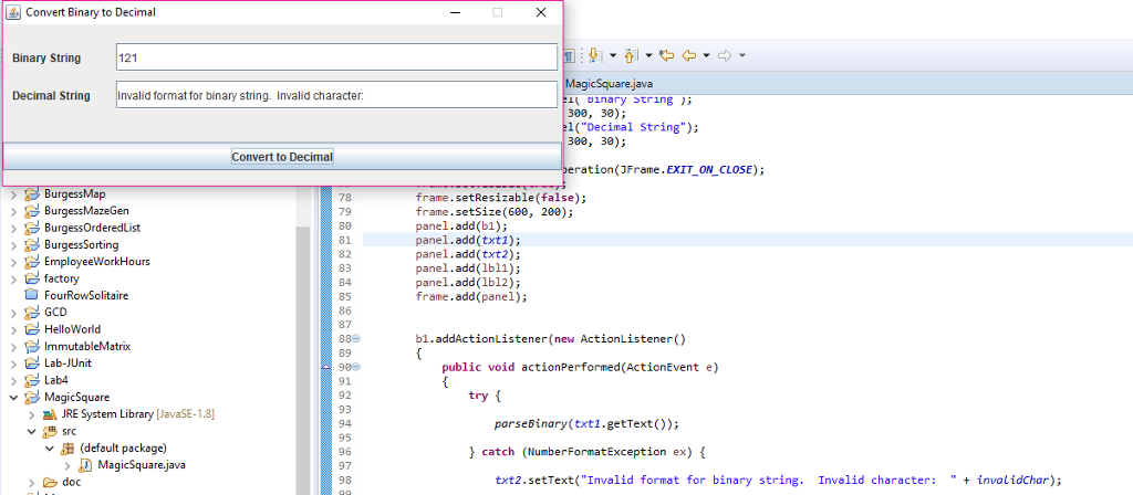 The following code takes a binary string from user input and converts