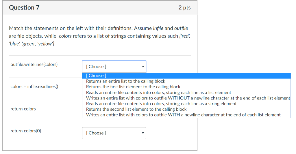 PYTHON Question 7 2 pts Match the statements on the left with