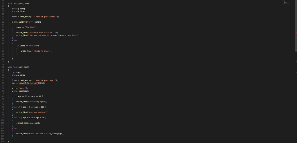 } string read_string(string prompt) { string result; write(prompt); result = read_line(); return