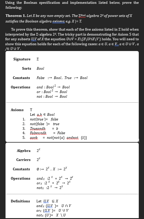  Using the Boolean specification and implementation listed below, prove the following: