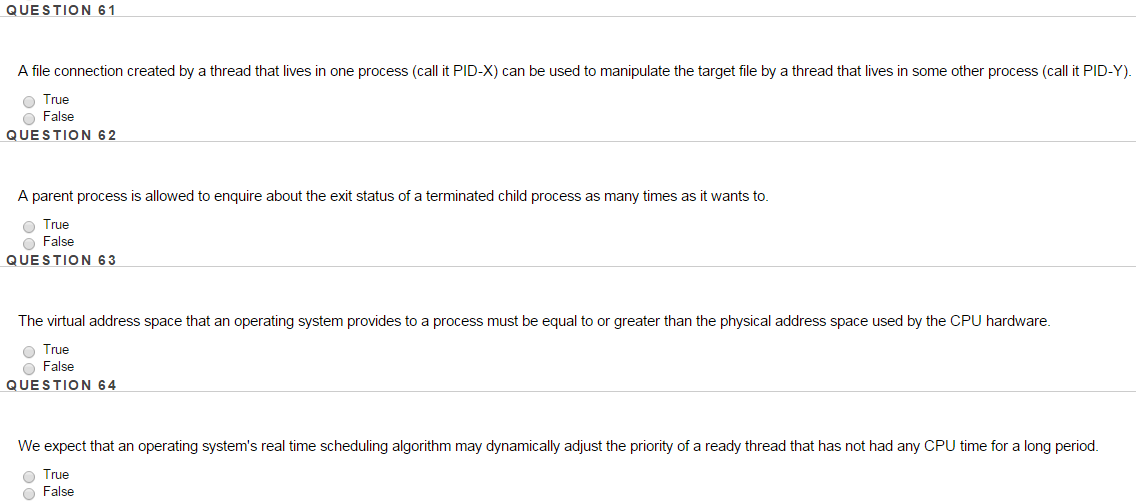 Please answer the 4 multiple choice questions below: A file connection created