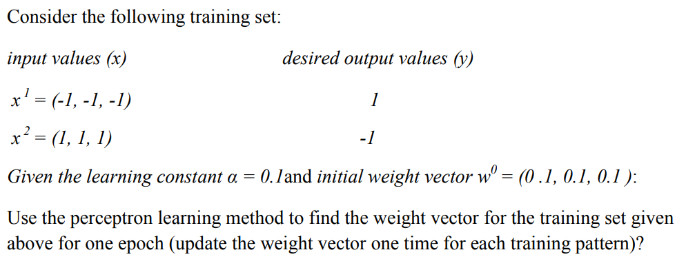  Consider the following training set: input values desired output values (y)