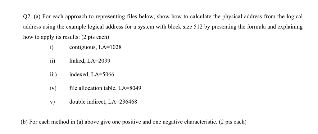 Operating Systems Question Q2. (a) For each approach to representing files below,