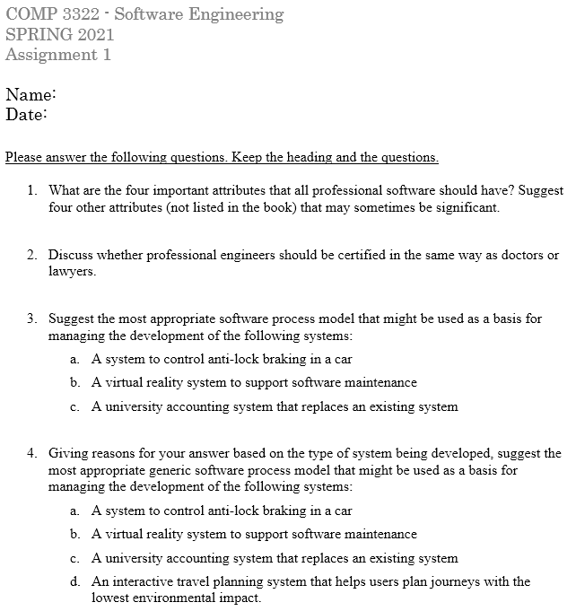  COMP 3322 - Software Engineering SPRING 2021 Assignment 1 Name: Date: