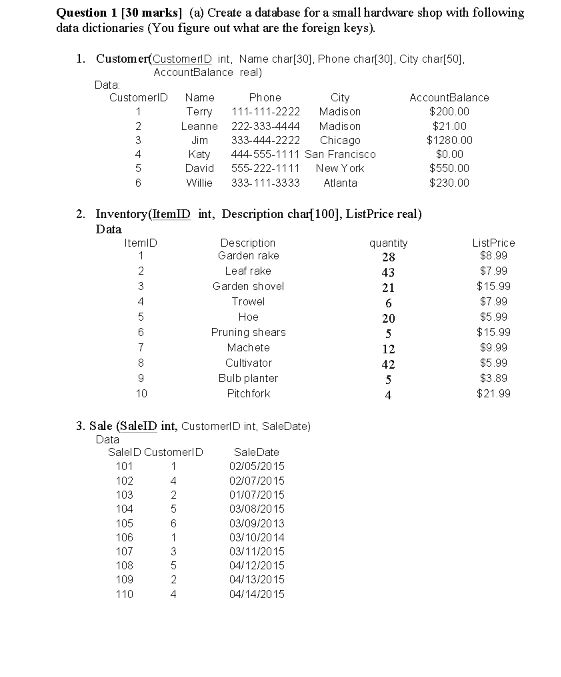  Quesion 1 [30 marks] (a) Create a database for a small