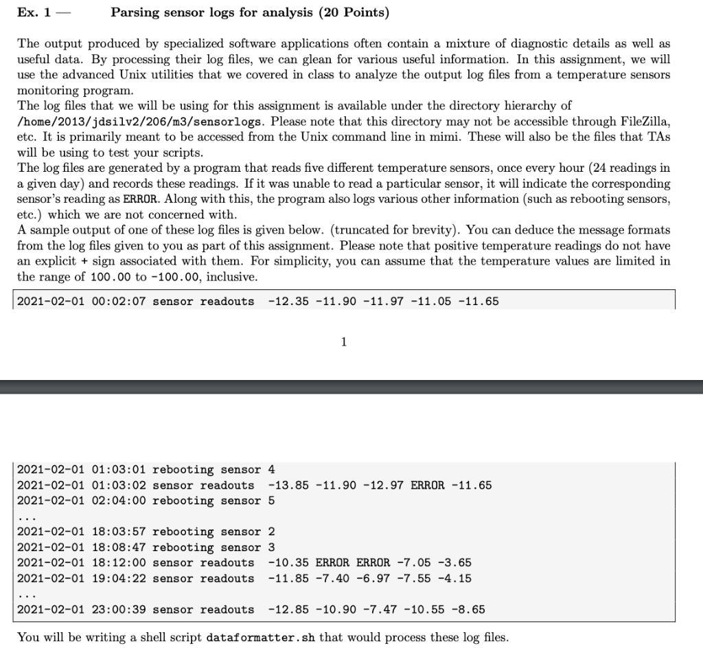  Ex. 1 Parsing sensor logs for analysis (20 Points) The output