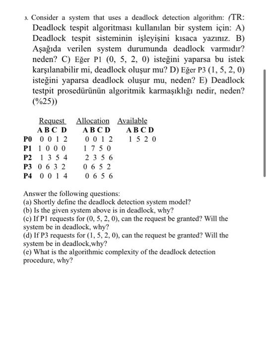  3. Consider a system that uses a deadlock detection algorithm: (TR: