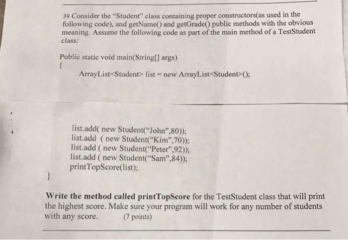  Consider the "Student" class containing proper constructors(as used in the following