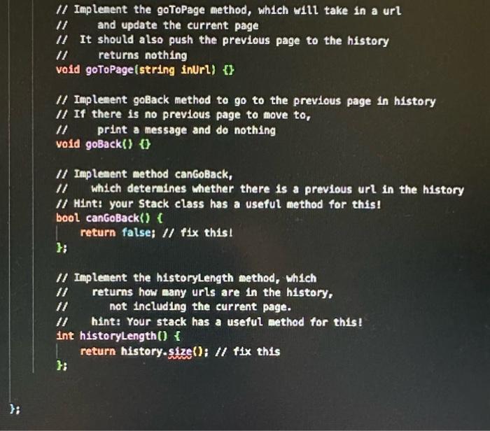 please show work in c++ // Implement the goToPage method, which will