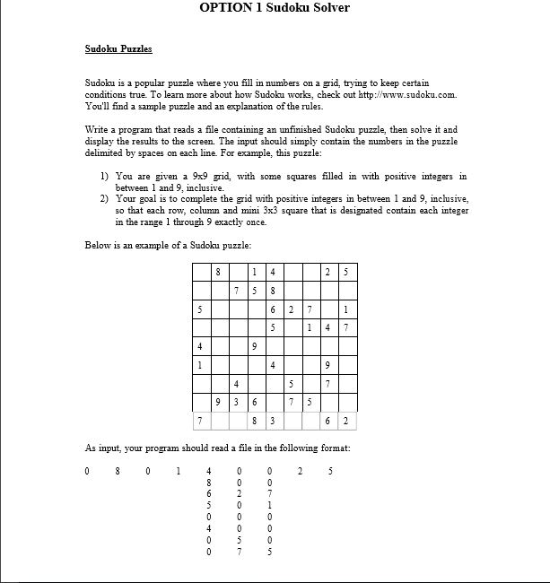  In C++ or Java OPTION 1 Sudoku Solver udo Sudoku is