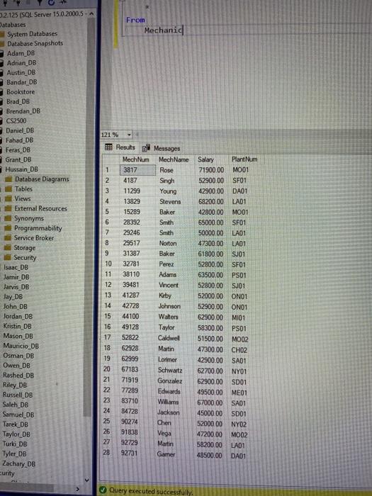Skill, Mechanic, Qualifications) within the CS2500 database. 1. List all mechanic names