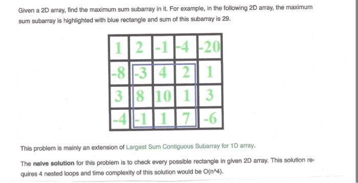  Given a 2D array, find the maximum sum subarray in it.