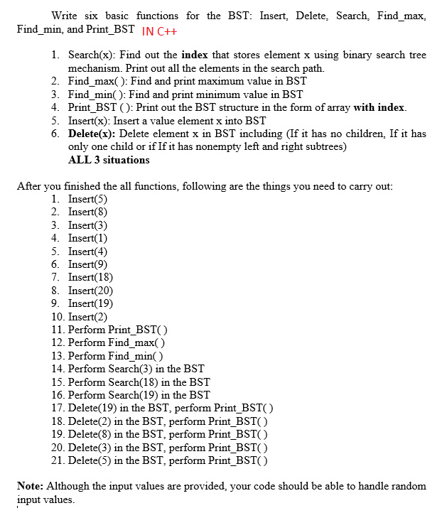  Write in C++ Write six basic functions for the BST: Insert,