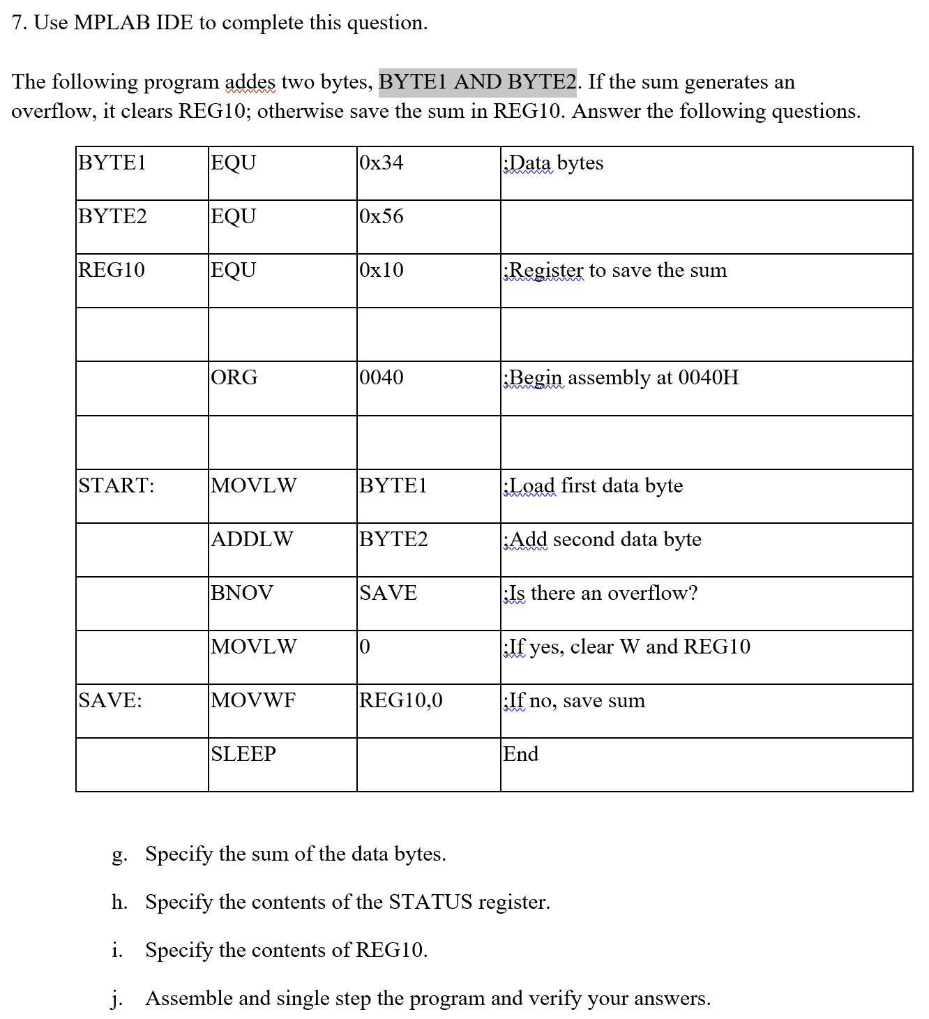 Microcontroller: The following program addes two bytes, BYTE1 AND BYTE2. If the