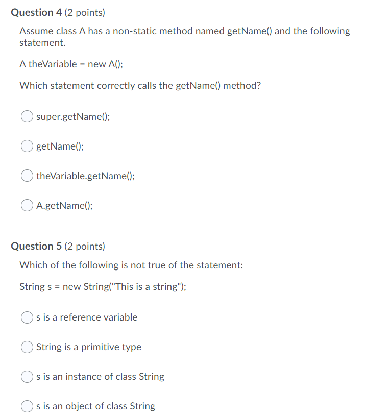 Question 4 (2 points) Assume class A has a non-static method