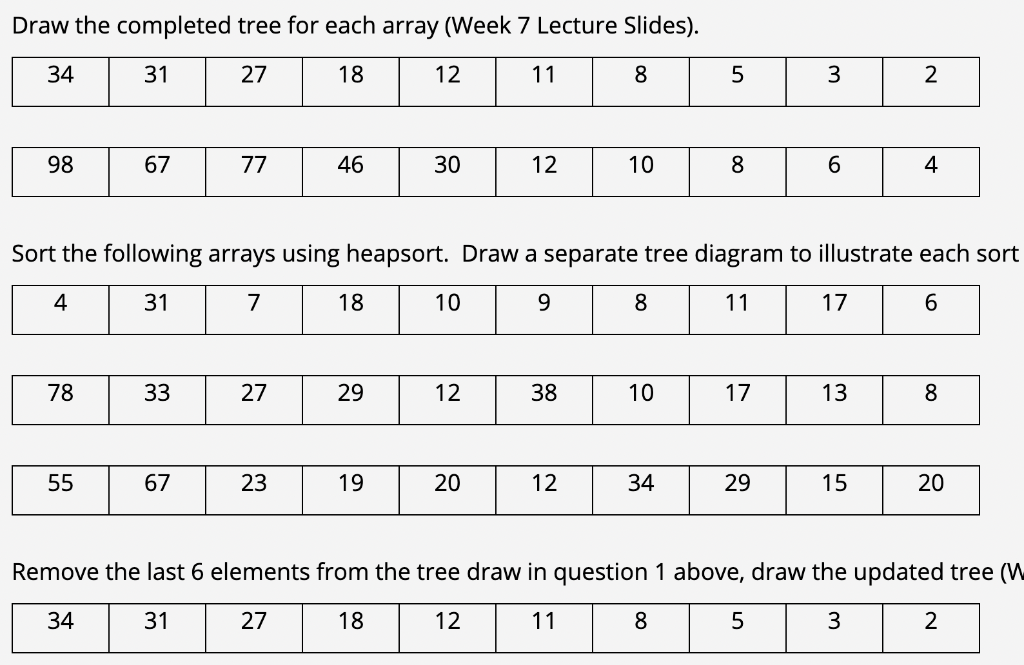  Draw the completed tree for each array (Week 7 Lecture Slides).