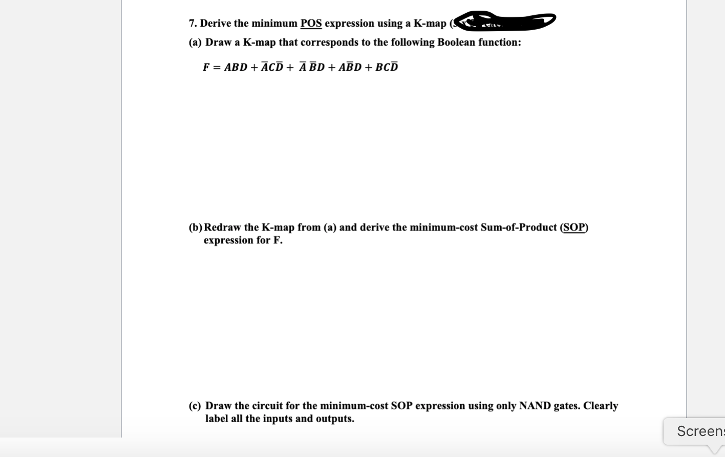  7. Derive the minimum POS expression using a K-map ( (a)