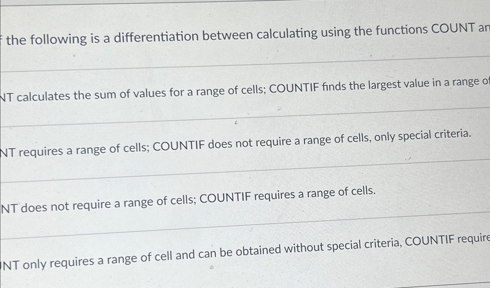  the following is a differentiation between calculating using the functions COUNT