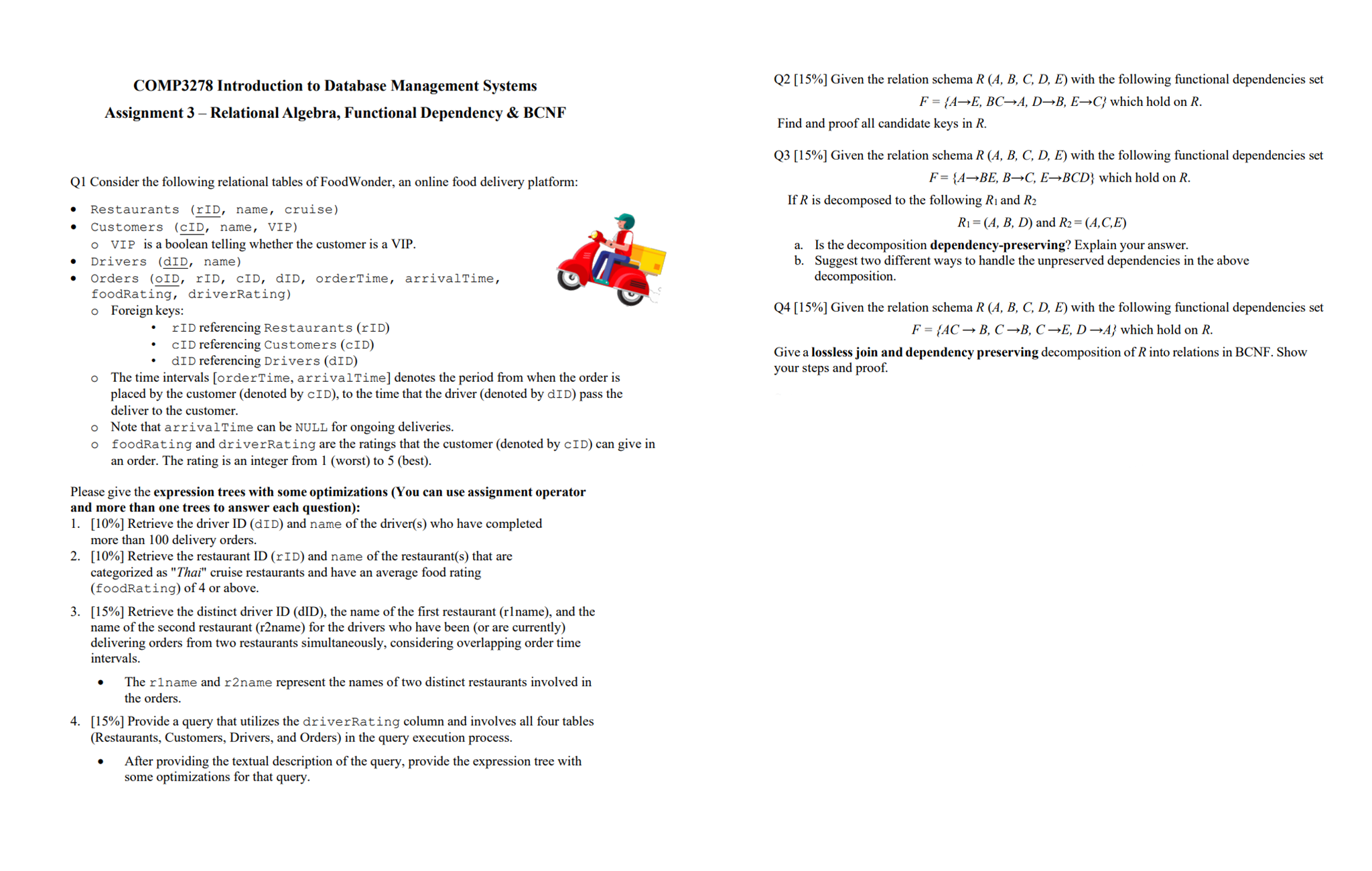  COMP3278 Introduction to Database Management Systems Assignment 3- Relational Algebra, Functional