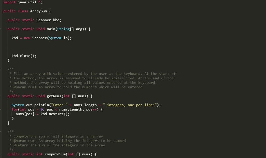 it is in text import java.util.*; public class ArraySum { public static