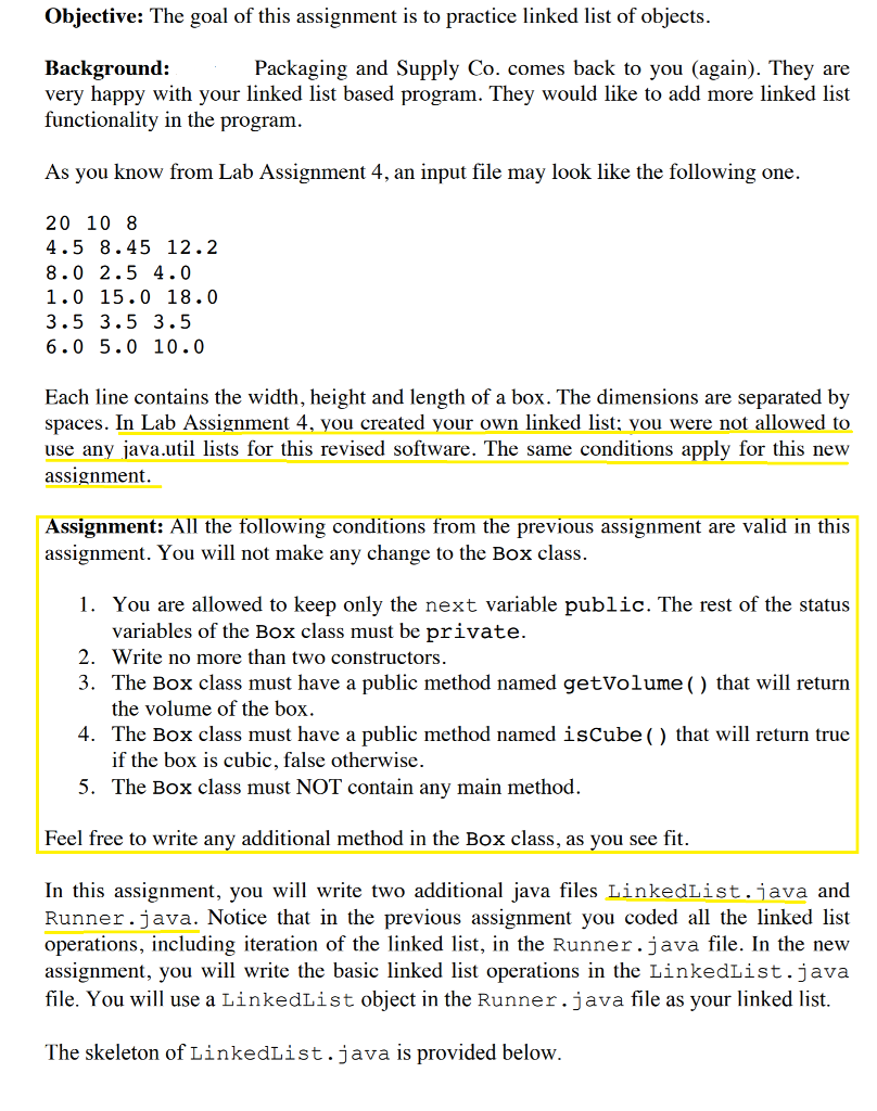 Soo I have 3 files im currently doing, (Box.java), (LinkedList.java), (Runner.java), and