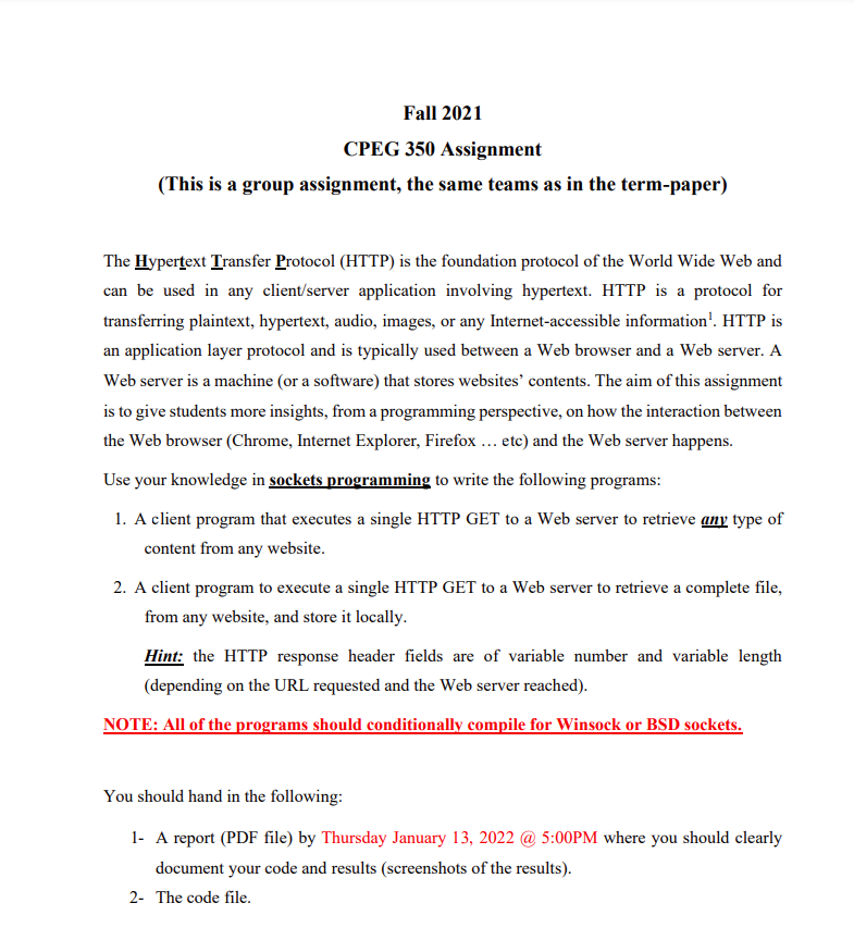 Fall 2021 CPEG 350 Assignment (This is a group assignment, the