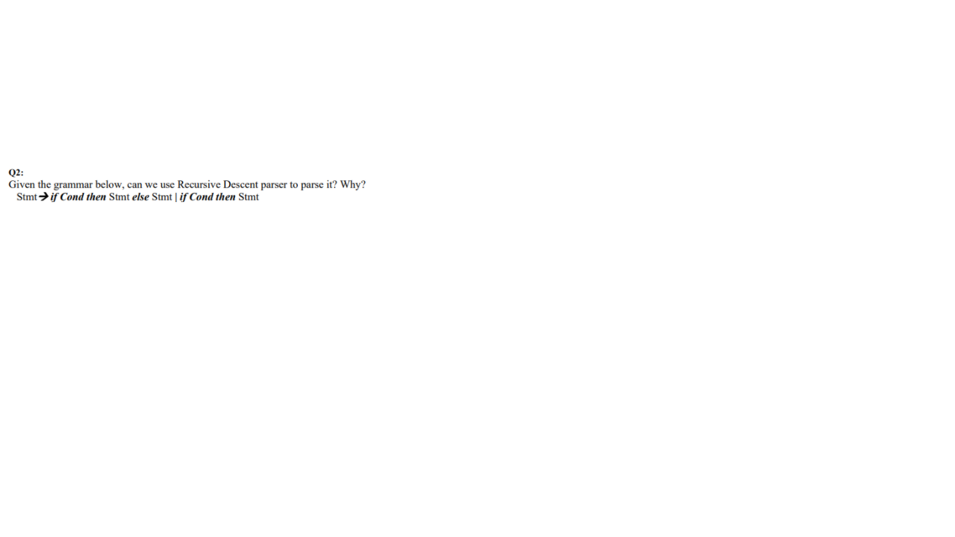  Q2: Given the grammar below, can we use Recursive Descent parser