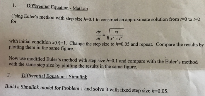  1. Differential Equation- MatLab er's method with step size h=0.1 to