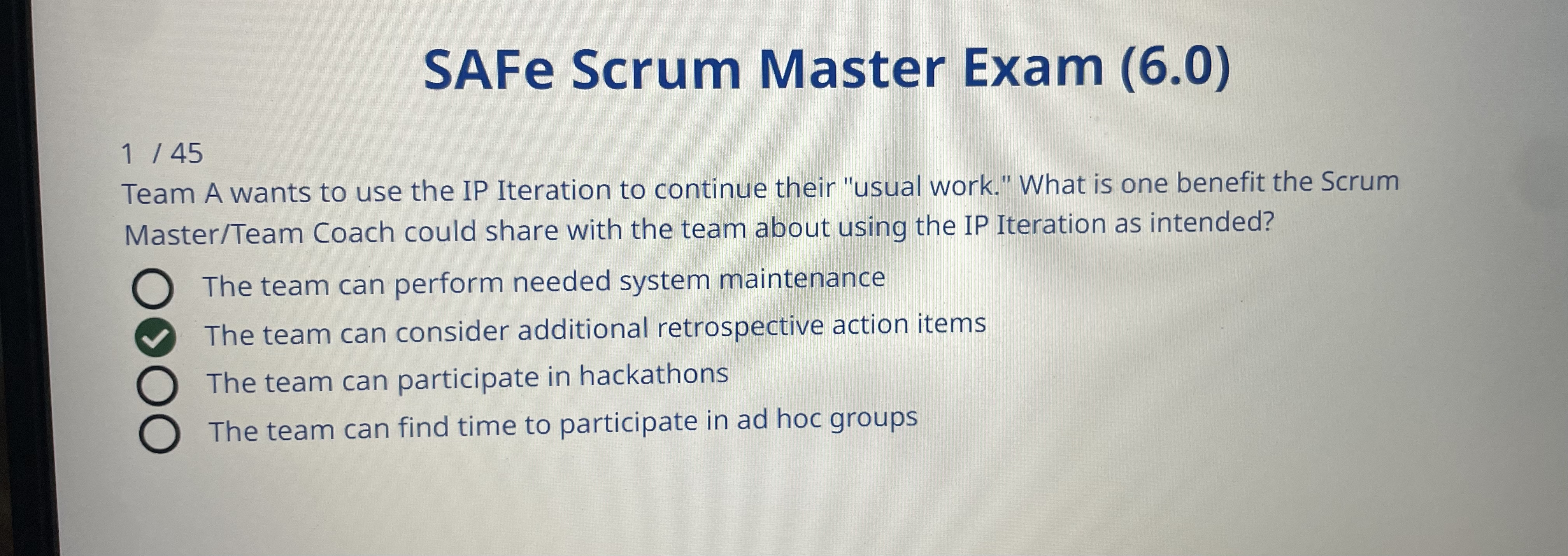  SAFe Scrum Master Exam (6.0) 145 Team A wants to use