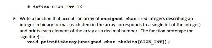 C language programing # define SIZE INT 16 Write a function that
