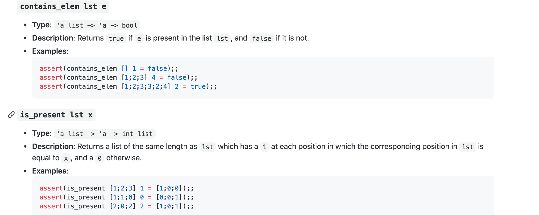 please write the two following functions in OCaml language contains_elem Ist e