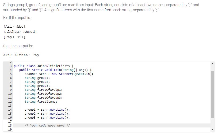  public class JoinMultipleFirsts { public static void main(String[] args){ Scanner scnr